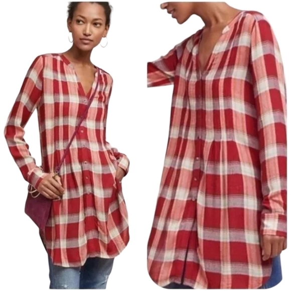 Anthropologie Akemi + Kin Lucie Tunic Shirt Dress Small‎ Plaid Red Wool Boho - Picture 1 of 12
